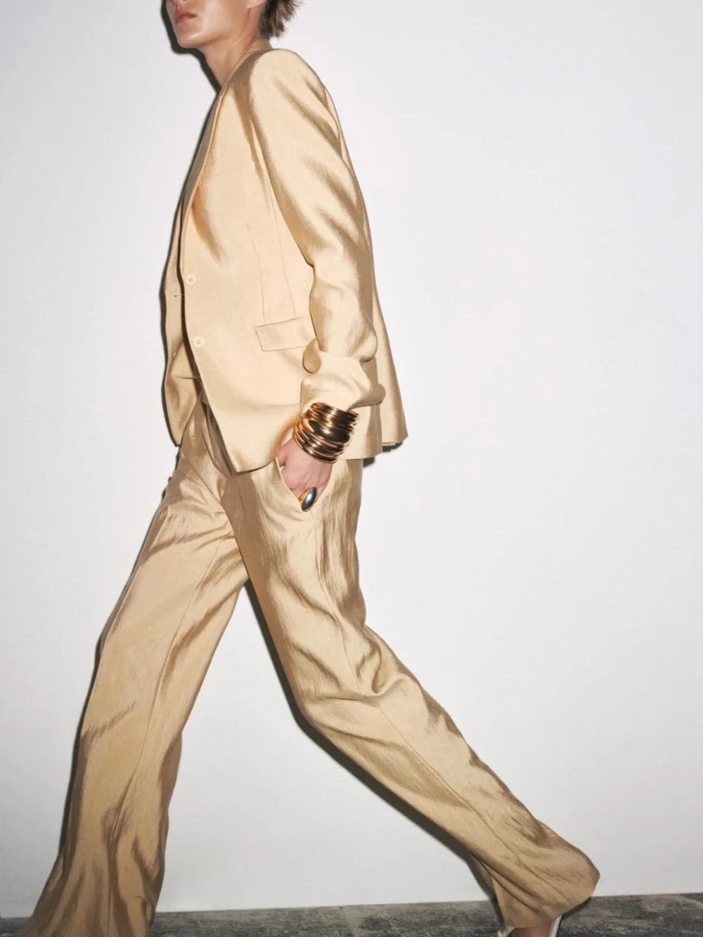 Zara NWT 2 piece SET ZW collection Gold cinch waist structured blazer & pants
